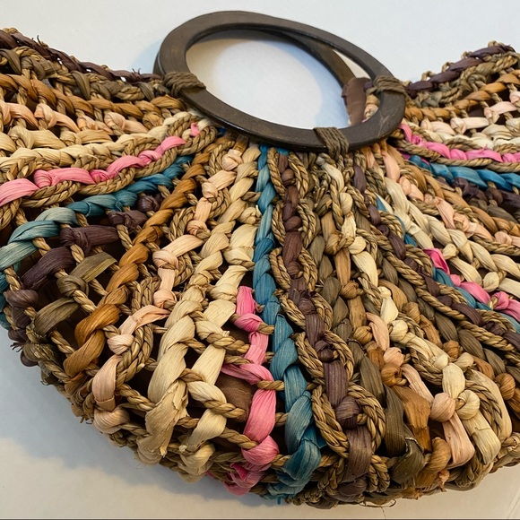 Women’s straw woven Bohemian Tan pink & Teal Braided round handle Beach bag - Picture 7 of 14